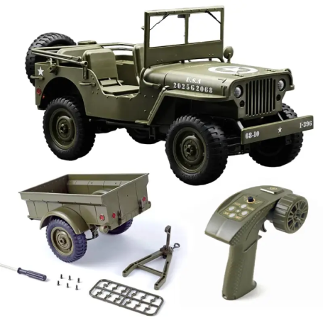 Pack coche militar RC Jeep Willys G2068 1/10 6km/h con Remolque